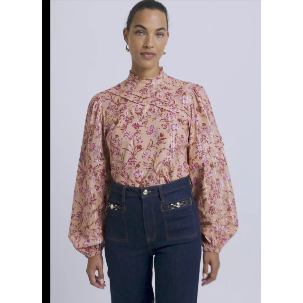 Derek Lam 10 Crosby Marlowe Lurex Longsleeve Top Floral‎ Balloon Sleeve Size 2